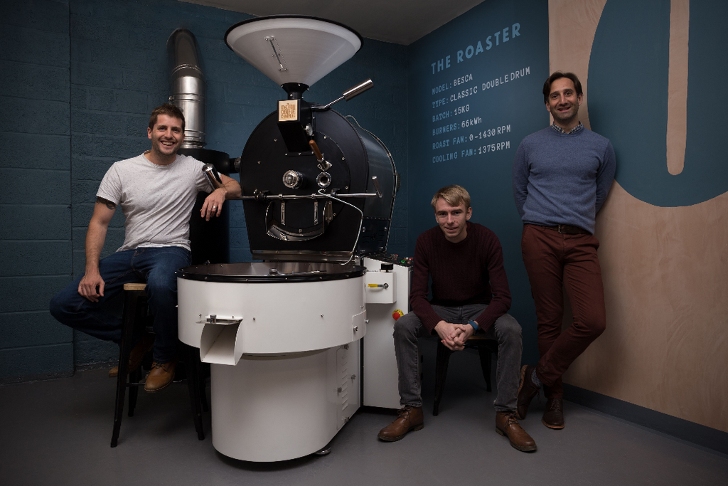 Andrew Baker and the team at the 15kg Besca double-drum roaster, Faraday Mill, Plymouth